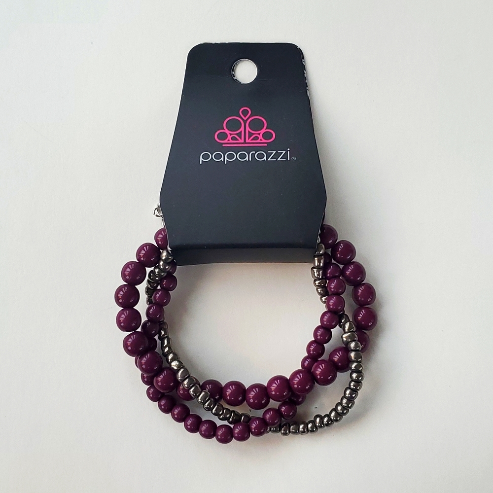 Boutique Paparazzi Plum Purple Dark Grey 3 Stranded Beaded Adjustable Bracelet